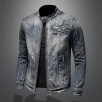 Men's Denim Jacket European and American Casual Retro Large Size Stand-up Collar Zipper Jacket Cycling Motorcycle Clothing Trend M mėlyna