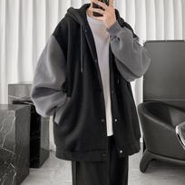 Hong Kong Wind Leisure Cardigan Coat Men Autumn Korean Version of The Trend Splicing Loose Hoodie Lovers XXXL juoda