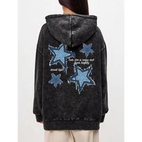 Oversized Womans Washed Hoodie Imitation Denim Star Pattern Print Pullover Comfortable Warm Cotton Hoody Casual Clothes M