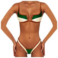 Outdoor Women Patchwork Push Up Bandeau Beach Bikini Set Two Piece Bathing Swimsuits EMA S žalia