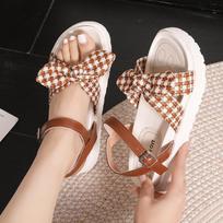 Sandals women's 2025 summer new Korean version of platform plaid bow casual versatile comfortable simple beach sandals 35 ruda