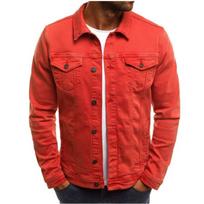 Men Streetwear Fashion Slim Denim Jacket High Quality Male Simple Solid Casual Jacket Coat M raudona