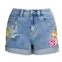 Women's Mid Rise Floral Bird Embroidery Denim Shorts Cuffed Wide Leg Shorts Streetwear Stretch Casual Jean Shorts S šviesiai mėlyna spalva
