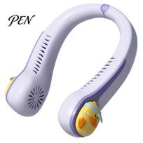 Student Back to School Gift Portable Neck Fan for Kids, Cartoon Bladeless Hanging with Adjustable Wind Speeds, Summer Cooling Accessory USB violetinė