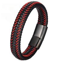 Leather Cord Bracelet Stainless Steel Leather Braided Bracelet Genuine Leather Bracelet Red Bracelet Men'S Cowhide Jewelry 21cm
