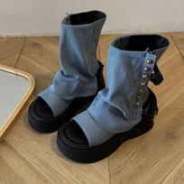 New denim rivet open-toe cool boots thick-soled muffin trousers boots thin boots small women's shoes 35 mėlyna