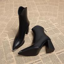 Fashion 2025Pointed Toe Women's Ankle Boots Fashion Back Zippers Short Botas Ladies Elegant Square High Heel Winter 35 juoda