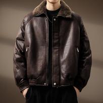 Men's Luxurious Retro German Fur-Lined Cotton Parka – Autumn/Winter Fleece Leather Jacket 4XL fits 200-220 jin ruda