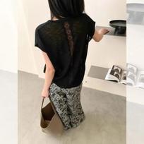 Women's Minimalist White Sheer Lace Back Short Sleeve Blouse S juoda