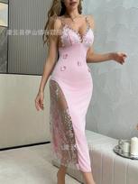 2026 new American French hot-selling sexy lingerie set lace perspective seduction nightgown women S rožinė
