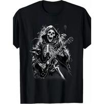European sizes Vintage Death Skeleton Guitar Rock Band Pattern T-Shirt 4XL black