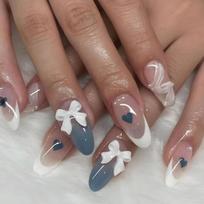 24PCS Simple Nude Cat Eye Almond False Nail Tips Glossy White French with 3D Bowknot Press on Nails Full Cover Wearable Manicure