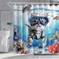 Cute Diving Cat Shower Curtain - Anti-Mold, Waterproof Bathroom Decor, Unique Gift, Stylish Design, Adorable W90XH180cm