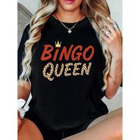 Women's Bingo Queen Graphic T-Shirt with Crown & BINGO Lettering - Soft Casual Round Neck Short Sleeve Top, Bingo Game Party Outfit L juoda