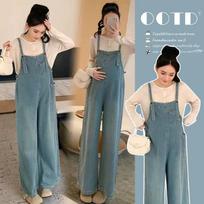 Chic Maternity Spring Set: Retro Denim Overalls & Adjustable Wide-Leg Pants L (110-125 lbs)
