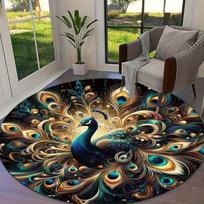 Luxury Peacock Print Round Area Rug 2D Flat Print Blue Gold Elegant Circular Carpet for Living Room Bedroom Hotel Home Decor Diameter 60cm