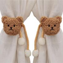 2Pcs Gift Ins Cartoon Bear Curtain 3D Cute Window Curtain Buckles Plush Bear-shaped Bear Curtain Tieback Curtain Decor