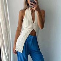 Fashion Sleeveless Knitted Suspender Vest Top Women Sexy Slim Fit Pullover Medium and Long Bottom Sweaters Split Solid Color Basic Streetwear Clothing One Size balta