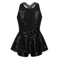 Kids Girls Jazz Modern Tap Dancewear Sleeveless Sequined Criss Cross Back Waist Bowknot Ballet Dance Leotard Dress 5-6 Years juoda
