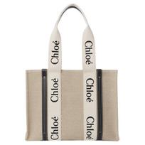 Chloe Woody Logo Print Webbing Tote Bag Women Tote Bags Beige Dark-Blue CHC21US383E6691J Basic Set (Bag+Dust Bag)