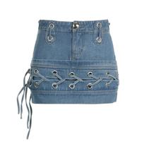 Y2K Millennium Spicy Girl High Waist Lace-up Denim Mini Skirt with Metal Buckle and Hollow Design - Retro Slim Fit. Large mėlyna