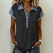 Women’s Fashion Pullover Lapel Top with Denim Button Long Sleeve Casual T-Shirt Blouse for Everyday Wear L juoda