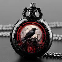 Exquisite Vintage Black Crow Quartz Pocket Watch, Necklace Pendant With World Time Feature,  Ideal Gift For Men & Women and Kids juoda