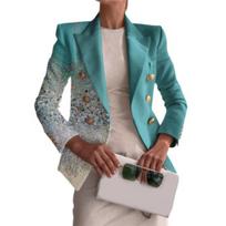 Women Blazer Right-angle Shoulder Double Breasted Long Sleeves OL Style Lapel Dress Up Cardigan Striped Print Lady Coat for Work L šviesiai žalios spalvos