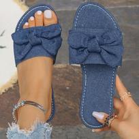 Bowtie Decor Denim Flat Slippers for Women 2025 Summer Comfort Light Beach Shoes Woman Plus Size Soft Sole Non Slip Casual Shoes 36