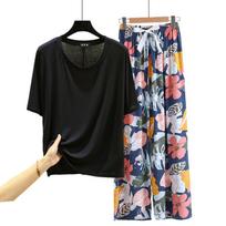 Modal O Neck Tshirt with Poplin floral wide leg pants Summer Thin Pajamas set Casual loose sleepwear suit Comort Loungewear all match L