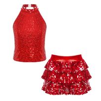 Girls  Jazz Dance Outfit Halter Sleeveless Sequin Crop Top Tiered Ruffle Skirted Shorts Set 5-6 Years raudona