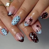 24Pieces Press On Nail Polkas Dot Blue Star Pattern Friendly ABS Artificial Nail French Tips For Daily Use 1 brown