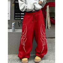 Men's Street Style Loose Straight Leg Casual Pants, Fashionable Sports Pants, Cool Totem Printed Drawstring Pants, Hip Hop Wide Leg Pants XL black