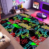 Street Graffiti Game Controller Themed Rug, Neon  Play Now  Slogan Floor Mat for Gaming Room,Bedroom, Non-Slip Decorative Carpet 60cm x 90cm