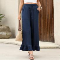 Women's Casual Wide Leg Palazzo Pants with Ruffle Hem and Drawstring Waist Lightweight Lounge Trousers S tamsiai mėlyna