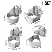 1 Set/4pcs Cake Ring Set + 4 Push Cover Sets, Stainless Steel Mousse Ring Cake Mold with Push Plate, Round, Heart-Shaped, Flower-Shaped 1 Set