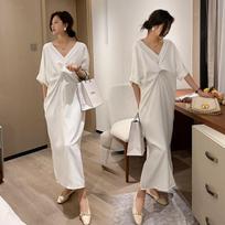 Knot T-Shirt Dress Summer Loose Fat-Hiding Slimming Backless V-Neck Maxi Dress 2XL balta