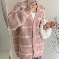 Korean lazy style y2k jacket autumn winter retro v-neck oversized thin sweater trendy contrasting striped knitted cardigan women One Size