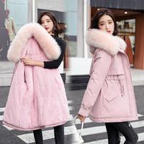 New Korean version women's winter A version medium and long cotton clothes, pie overcome velvet liner large fur collar large size M rožinė