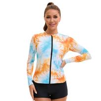 Printed Long-sleeved Sunscreen Flat-angle Split Swimsuit Women's High-waist Tankini Conservative Zipper Swimsuit S