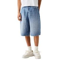 Yousheng Men Denim Shorts Mid-rise Button Zipper Fly Summer Jeans Straight Wide Leg Denim Shorts with Pockets M mėlyna