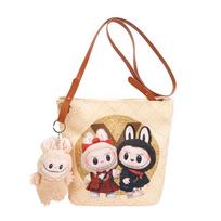 Korean cartoon Labubu crossbody canvas women's bag large capacity student commuting to class embroidered shoulder bag bucket bag KTB balta