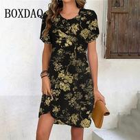 Vintage Painting Bird Dress Women Flower Print Loose Dress Summer Retro Short Sleeve Casual Clothes S
