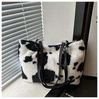 Women's Trendy Cow Print Plush Tote Bag Large Capacity Soft Faux Fur Shoulder Handbag juoda
