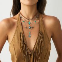 Ethnic Style Women Leaf  Choker Woven Rope Leather Tassel Turquoise Stone Necklace Feather Pendant Retro Bohemian Necklace