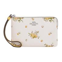 Coach Corner Zip 16 Floral Pattern Pebble Leather Clutch Small Women Clutch Silver Chalk CAQ58-SVCAH Basic Set (Bag+Dust Bag)
