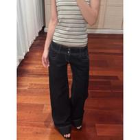 Female Spring Oversized Vintage-Inspired Button-Front Washed Denim Pants Low-Rise Straight-Leg Loose Fit Wide-Leg Trousers with Dropped Hem XS
