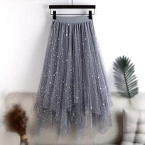 Women Fairy Star Sequins Mesh Tutu Skirt Shiny Elastic Waist Long Tulle A-line Skirt One Size pilka