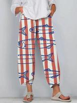 Women's High Waist Wide Leg Pants Loose Trousers Japanese Casual 3D Fish Print Non Stretch Woven Cropped Trousers XS