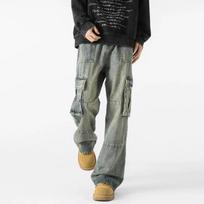 Men's Vintage Washed Cargo Jeans Wide-Leg Multi-Pocket Denim Trousers S mėlyna